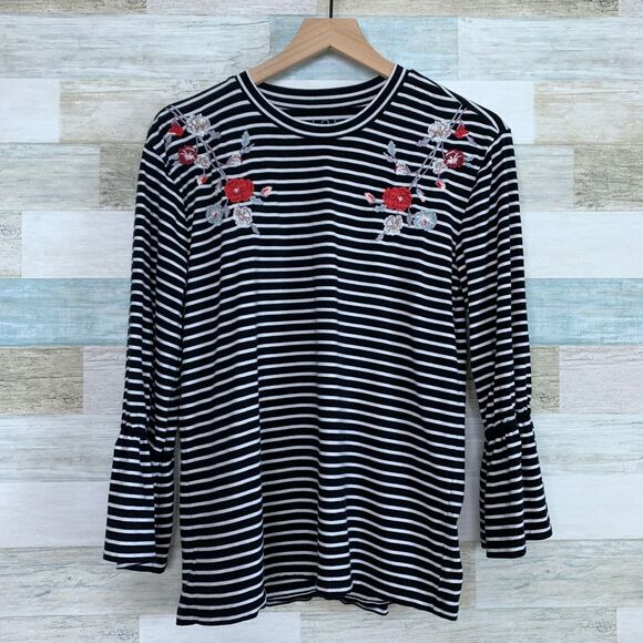 LOFT Floral Embroidered Striped Top Black White Bell Sleeve Womens Medium - Picture 2 of 12